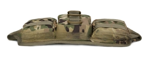 Detail view of multicam tactical waist bag featuring triple pouches and MOLLE system straps