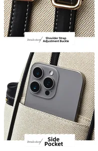 Detail of adjustable strap with metal hardware and side pocket for large smartphone