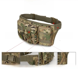 Detail of durable tactical camo waist bag with MOLLE webbing and paracord zippers