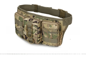 Detailed side view of CP camouflage tactical waist bag with MOLLE webbing and buckles