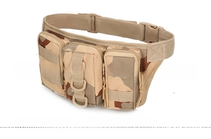 Detailed view of desert camo tactical waist bag with MOLLE webbing and buckle