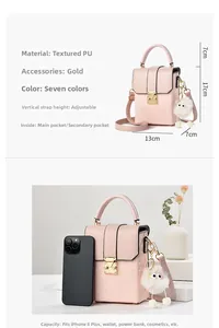 Pink PU leather mini crossbody bag with dimensions 13x17x7cm and gold hardware detail