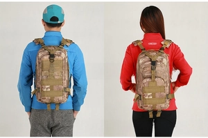 Rear view of camouflage tactical backpack with Molle system worn by male and female models