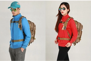 Front and side view of camo tactical backpack showing MOLLE straps and adjustable chest buckles