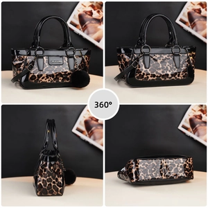 Vintage leopard print tote bag in glossy black patent leather with furry pompom charm