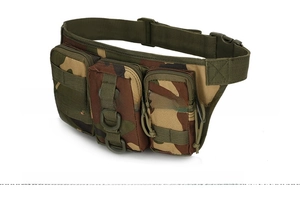 Detail of waterproof jungle camouflage tactical waist bag with MOLLE webbing and buckles