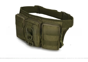 Detail of army green tactical waist bag with MOLLE system and nylon straps on white background