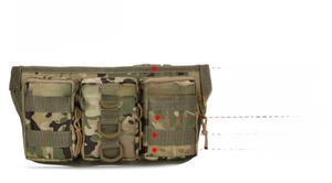 Tactical camo waist bag detail showing 800D waterproof fabric and MOLLE system