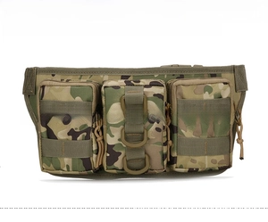 Detail of camouflaged tactical waist bag with three zip pockets and D-rings