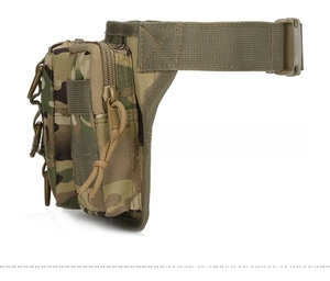 Detail view of camouflage tactical waist bag showing dual zipper compartments and MOLLE system