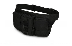 Tactical black nylon waist bag with three pockets and adjustable plastic buckle
