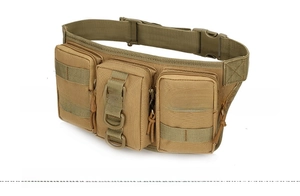 Detail view of khaki tactical waist bag with MOLLE system and adjustable buckle strap