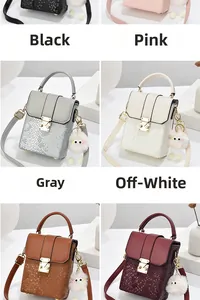 Mini crossbody bags showing textures in black, pink, grey, off-white, and wine red