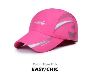 Detail of rose pink quick-dry sports cap with reflective wave stripes and mesh vents
