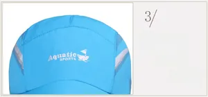 Macro shot of light blue quick-dry sports cap featuring Aquatic SPORTS logo and stitching