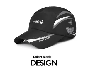 Detail of black quick-dry sports cap featuring white Aquatic SPORTS print and logo