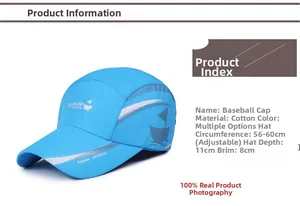 Detail of blue quick-dry cap showing white sailboat logo and size specifications