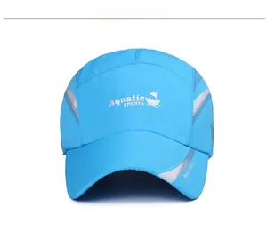 Close-up of blue quick-dry sports cap featuring white logo and reflective side stripes