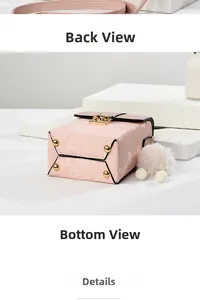 Detailed view of pink snake-pattern mini bag with gold protective studs and fluffy charm