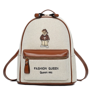Fashion Backpack Canvas PU Leather Patchwork Cartoon Bear Embroidery Casual Preppy College School Bag For Women Girls