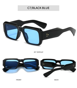 Fashion square sunglasses with black frame and blue lenses showing multi-angle views