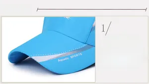 Detail of blue sports cap brim featuring Aquatic SPORTS print and quick-dry fabric texture