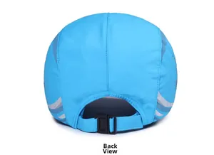 Rear view of quick-dry sky blue baseball cap with reflective stripes and adjustable buckle