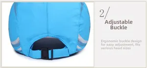 Detail of adjustable black plastic buckle and breathable sky blue quick-dry sports cap