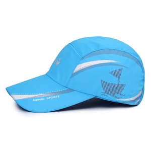 Sky blue quick-dry sports cap with reflective stripe and breathable fabric for outdoors