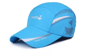 Close-up of lightweight blue quick-dry sports cap with Aquatic SPORTS logo and mesh vents