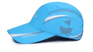 Detail of blue quick-dry cap showing reflective strip and Aquatic SPORTS embroidery