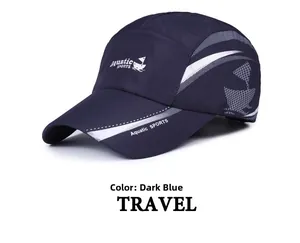Detail of waterproof dark blue sports cap with Aquatic SPORTS logo and breathable side vents
