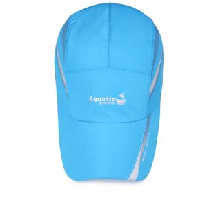 Top view of royal blue quick-dry cap with grey mesh panels and reflective safety strips