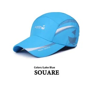 Detail of lake blue quick-dry sports cap featuring Aquatic SPORTS text and sailing logo