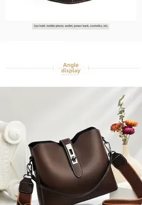 Detailansicht der braunen Leder-Eimertasche mit Silberverschluss und Web-Schultergurt