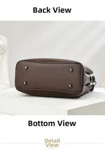 Detailansicht des braunen Handtaschenbodens mit Metallfüßen und weißen Ziernähten