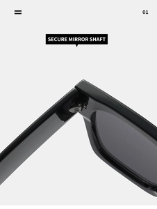 Vue détaillée de la charnière métallique renforcée sur des lunettes de soleil carrées noires