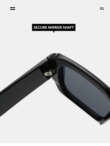 Detail of secure metal mirror shaft and polished black resin frame on square sunglasses