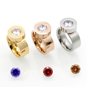 Stainless Steel Ring With Interchangeable Round Zircons 18K Gold Plated Wide Band DIY Jewelry For Women