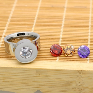 Polished silver titanium steel ring with interchangeable colorful zircon gemstones