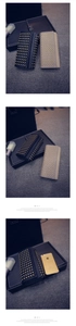 Detailed comparison of studded long wallets in black and beige with gold rivet accents