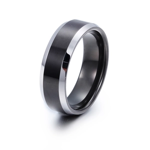 Men's black brushed tungsten ring with polished silver bevelled edges in a 45-degree view
