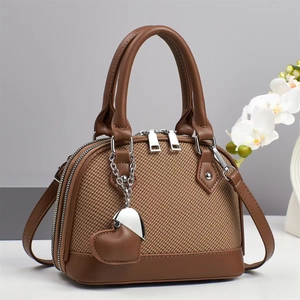 Women Shell Handbag PU Leather Woven Texture Heart Charm Dual Zipper Crossbody Shoulder Bag For Daily Fashion Elegant