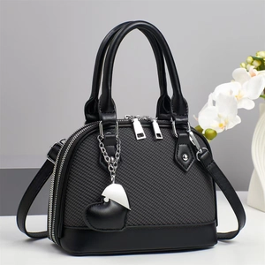 Classic black woven texture shell handbag for women with adjustable leather shoulder strap