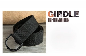 Close-up of black canvas belt with double D-ring metal buckle and woven texture details