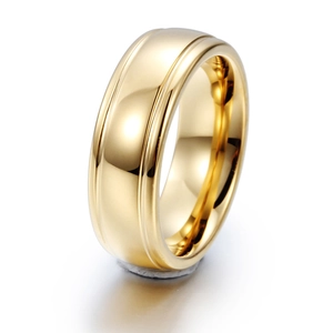 Polished gold tungsten ring for men featuring dual parallel grooves and a classic metal band