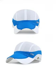 Detail view of breathable white and blue mesh fabric on this sport baseball cap