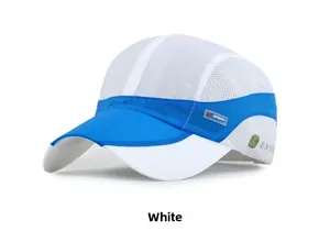 Detail of breathable quick-dry mesh and blue sport print on a white baseball cap
