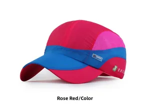 Detail of rose red and blue quick-dry sports cap with breathable side mesh panels