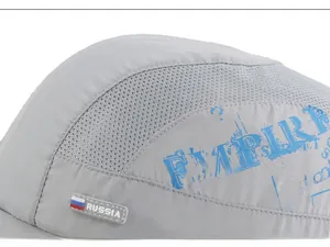 Detail of gray quick-dry sports cap featuring mesh panels and Russia flag emblem